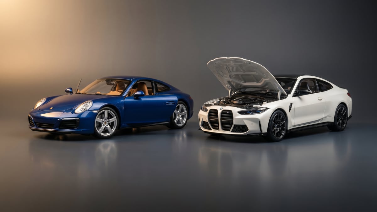 A die-cast 1:18 model with a closed body beside a finely detailed 1:18 model with its door open, side by side under studio light